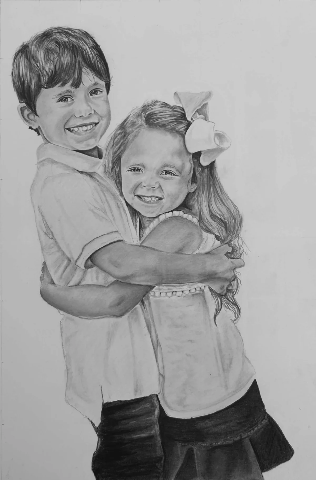 Hand-drawn pencil portrait of siblings