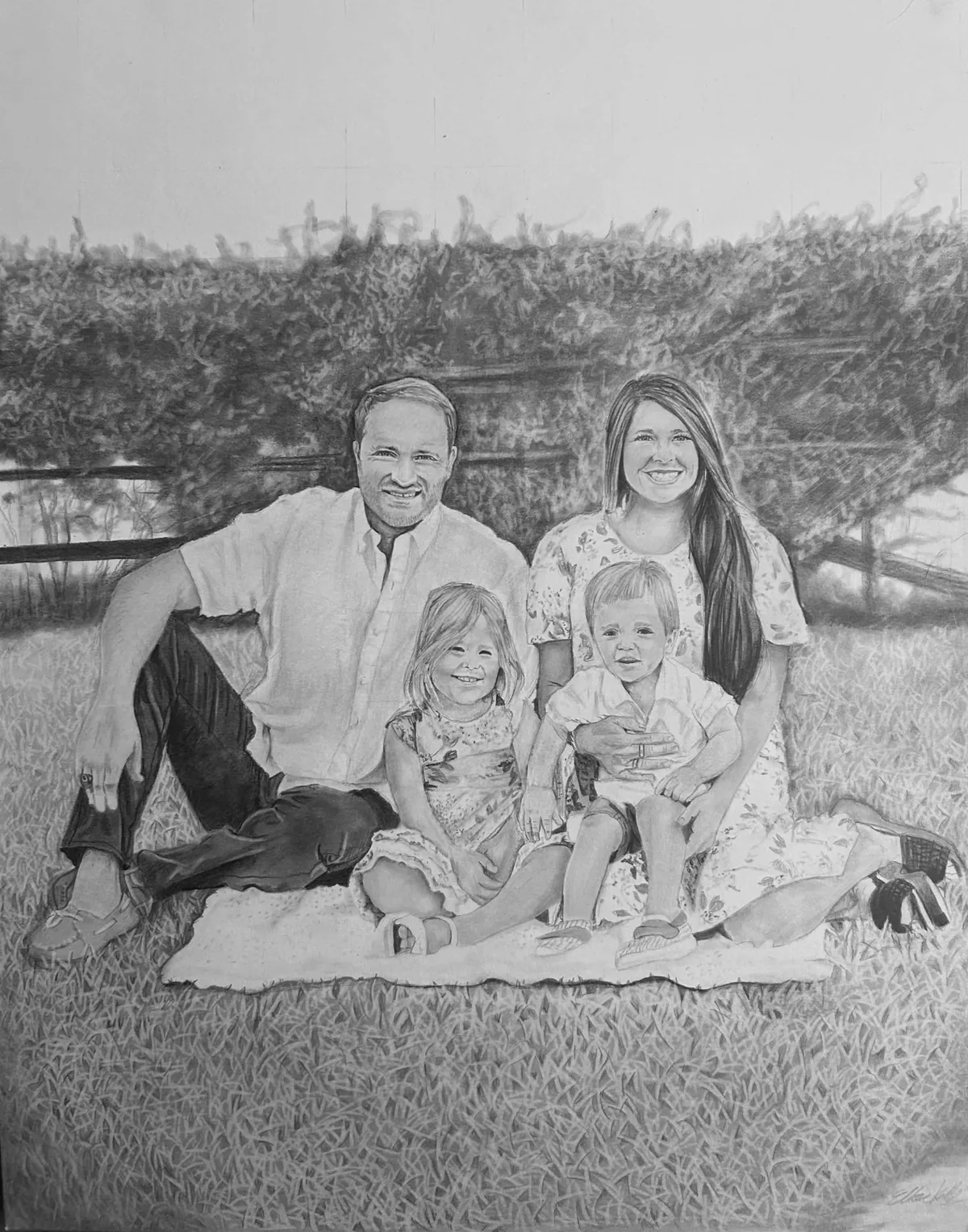 Hand-drawn graphite family portrait by Ethan Ray Art